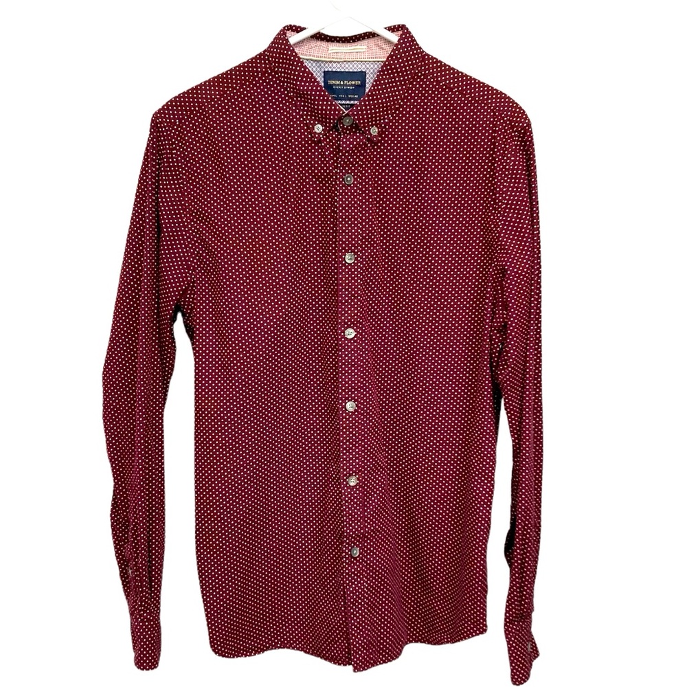 Denim & Flowers Ricky Singh Shirt L Slim Fit Burgundy with White Dots
